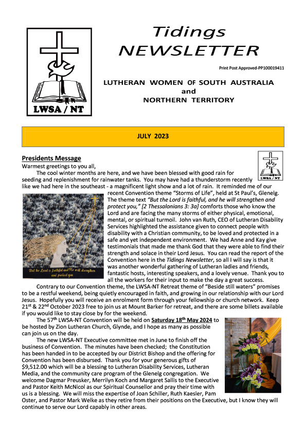 The Cover of the July Tidings Newsletter from LWSA-NT